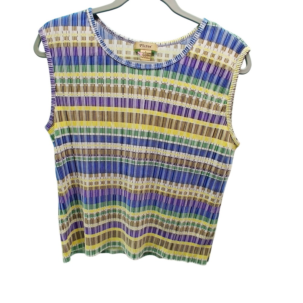 Plisse Sleeveless Pleated Top Size L Multicolor Striped Scoop Neck Art to Wear